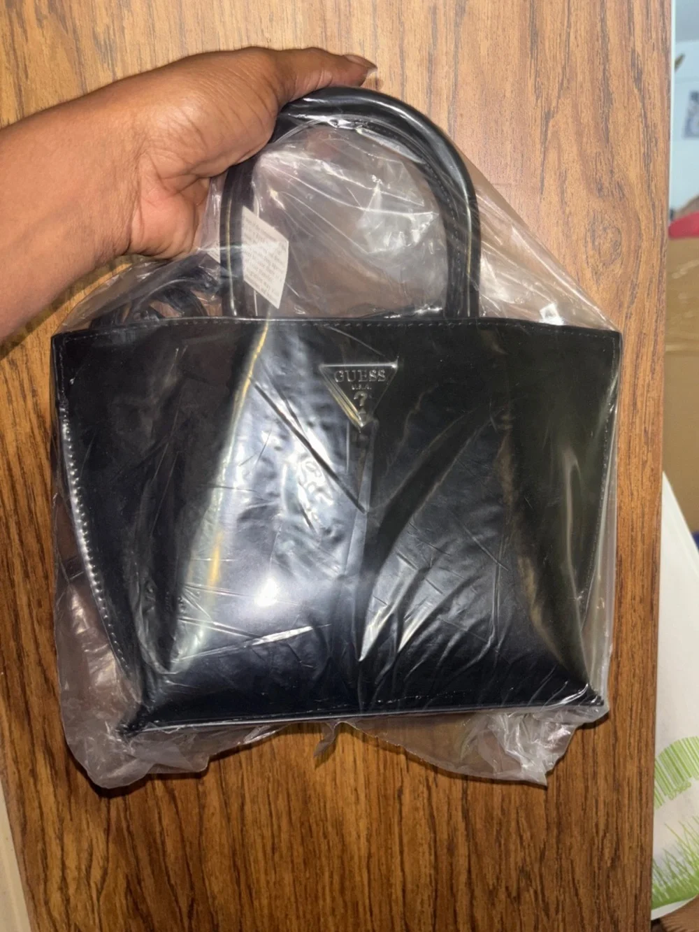 GUESS Arnela Patent Tote in Black